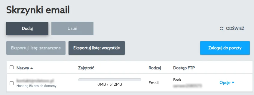 Screen: lista utworzonych skrzynek