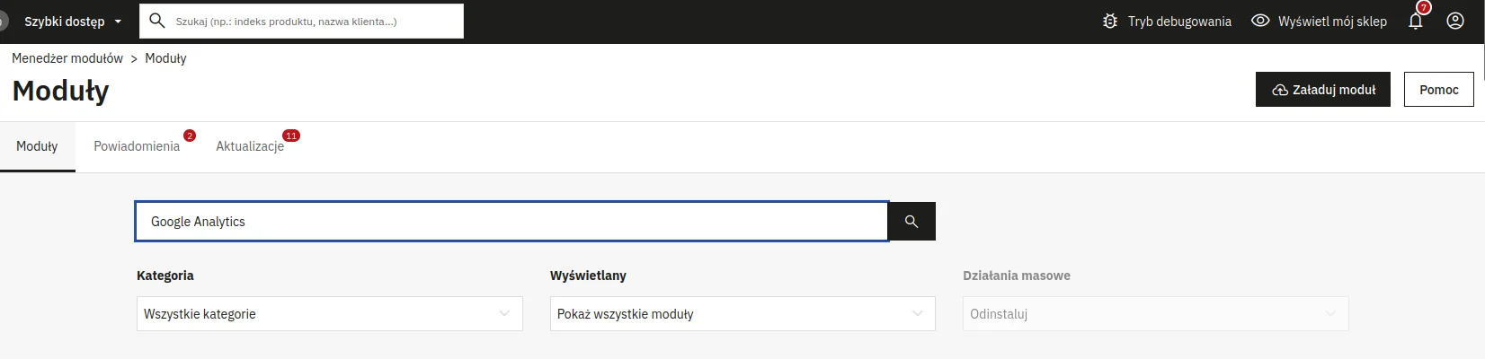 Screen: Wyszukiwarka modułów z wpisaną frazą