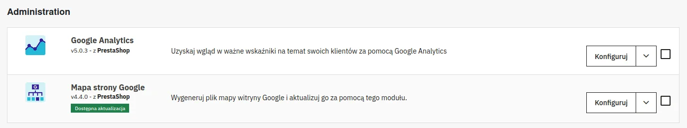 Screen: Wyniki wyszukiwania modułu Google Analytics