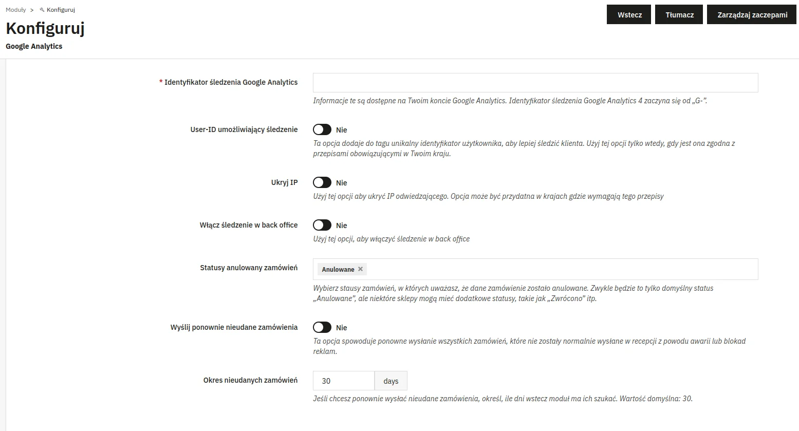 Screen: 👉 Formularz konfiguracji modułu Google Analytics