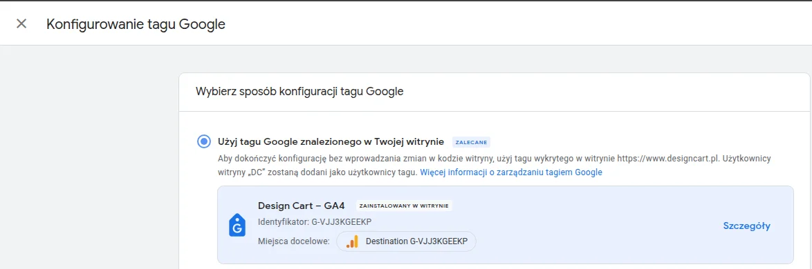 Screen: Wklejenie Measurement ID do tagu Google w GTM