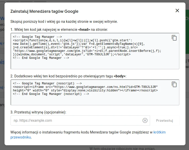 Screen: 👉 Okno z kodem Google Tag Manager gotowym do skopiowania