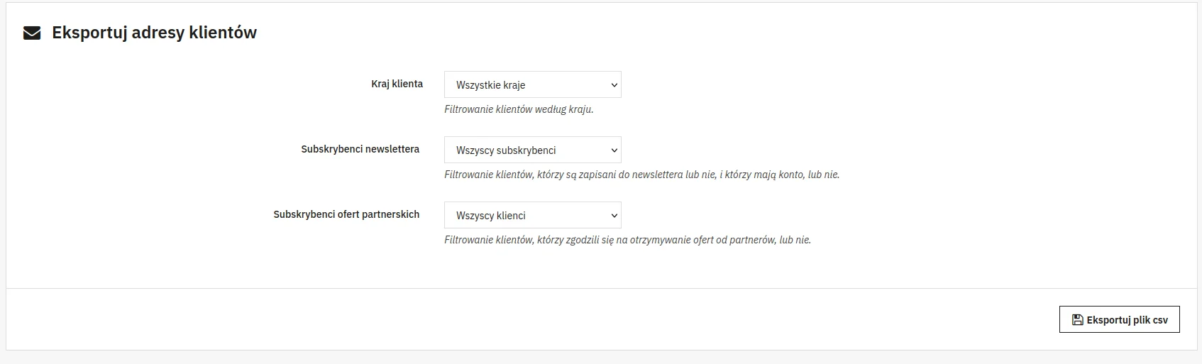 Screen: eksport adresów subskrybentów