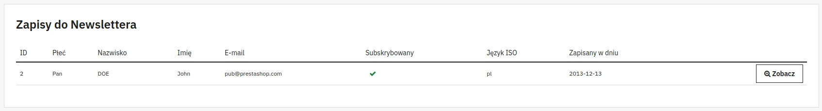 Screen: tabela subskrybentów