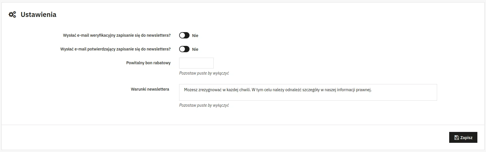 Screen: konfiguracja subskrypcji do newslettera