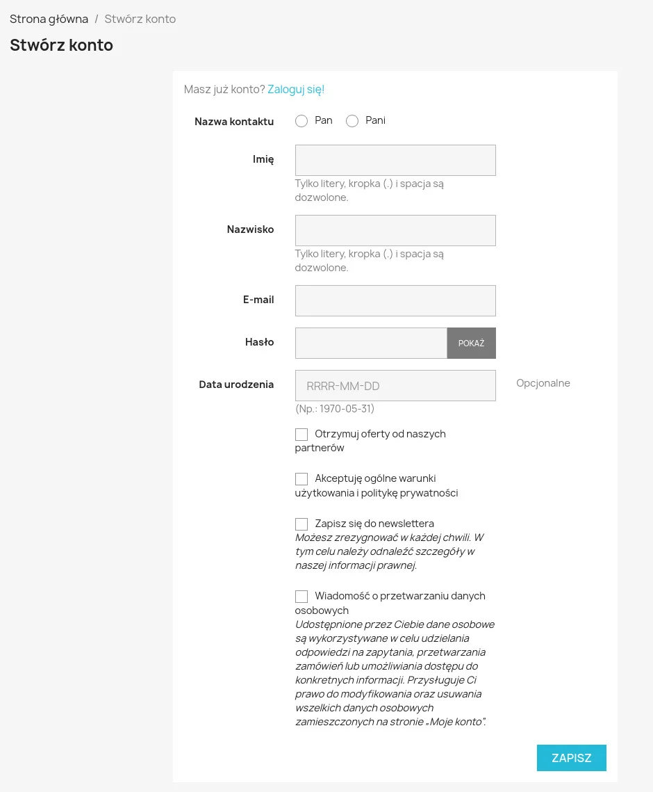 Screen: zapi do newslettera podczas rejestracji