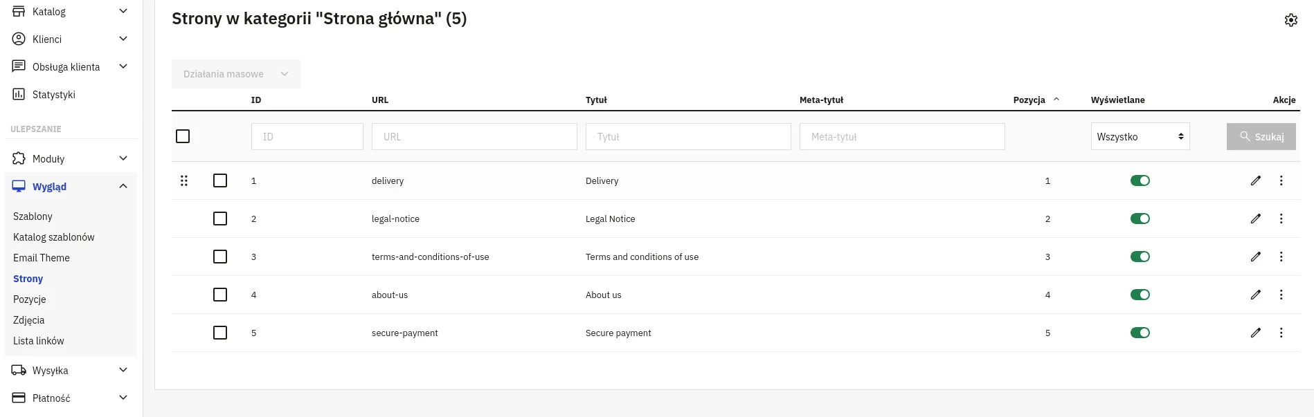 Screen: lista stron w sklepie Prestashop
