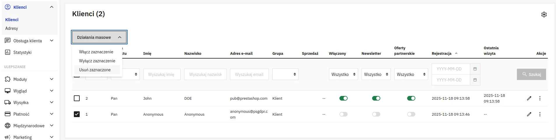 Screen: usuwanie użytkownika