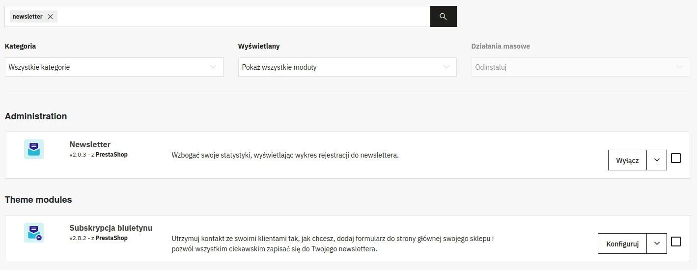 Screen: moduły słuzące do zarządzaniem newsletterem