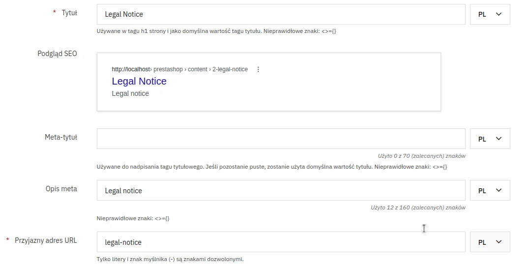 Screen: edycja strony informacyjnej - tytuł i dane SEO