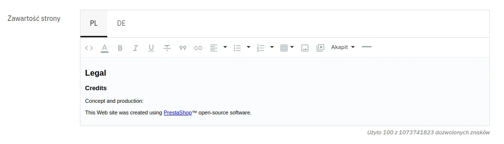 Screen: edycja treści strony informacyjnej 