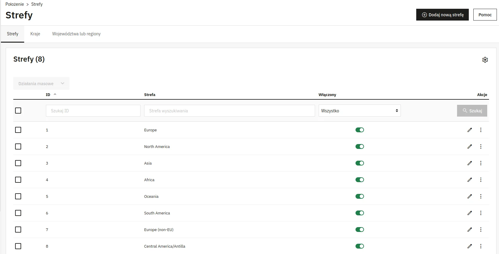 Screen: lista stref