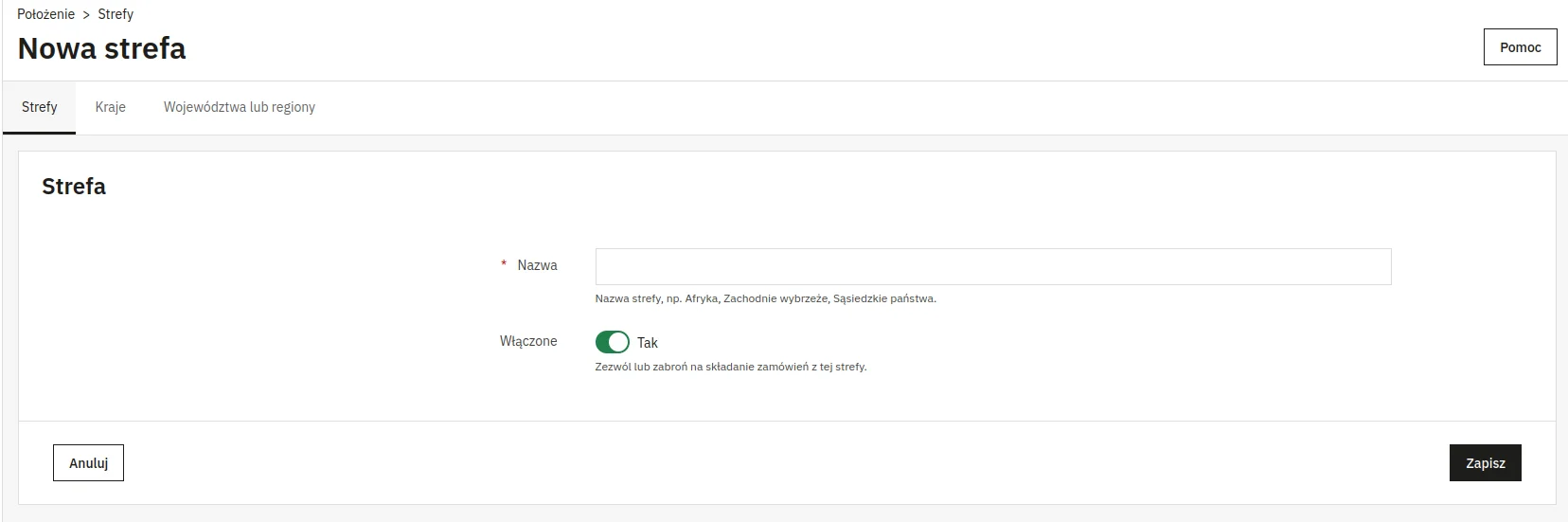 Screen: formularz nowej strefy