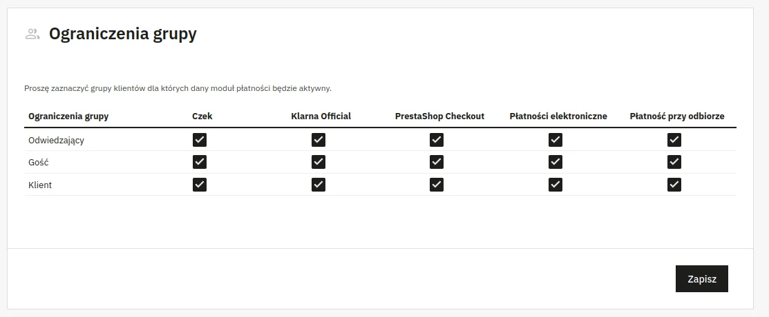Screen: ograniczenia płatności według grup klientów