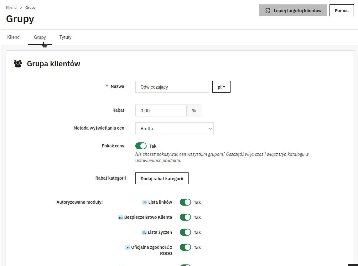 Screen: lista grup klientów