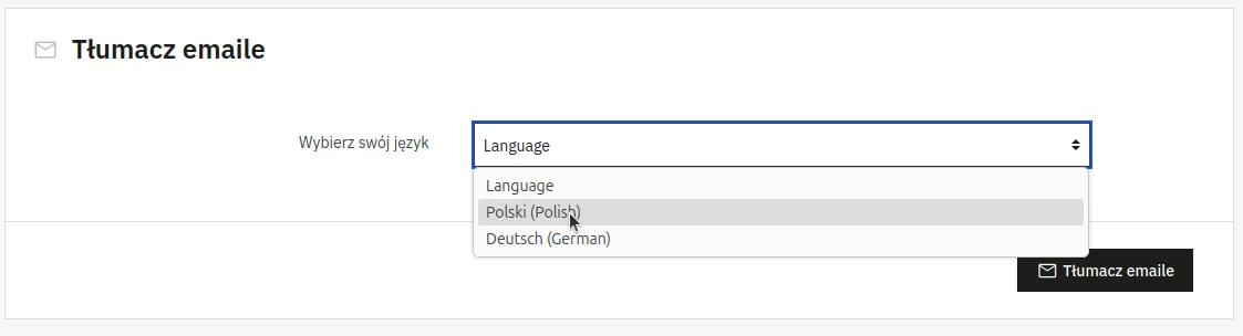 Screen: wybór języka do tłumaczenia maili