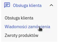Screen: lewe menu: Obsługa klienta → Wiadomości zamówienia
