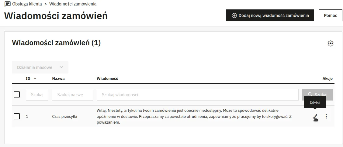 Screen: lista wiadomości zamówień