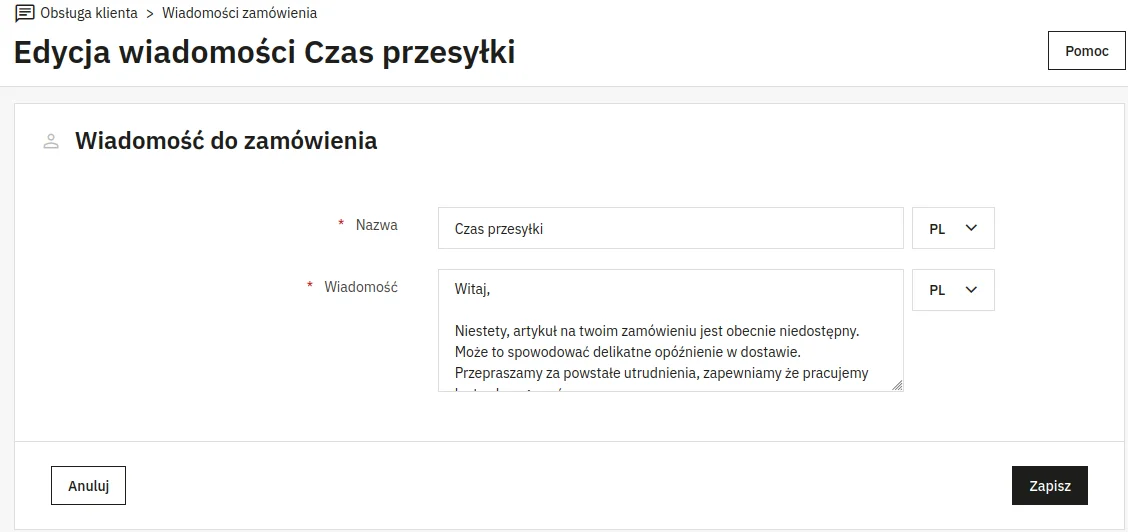 Screen: edycja wiadomości do zamówienia