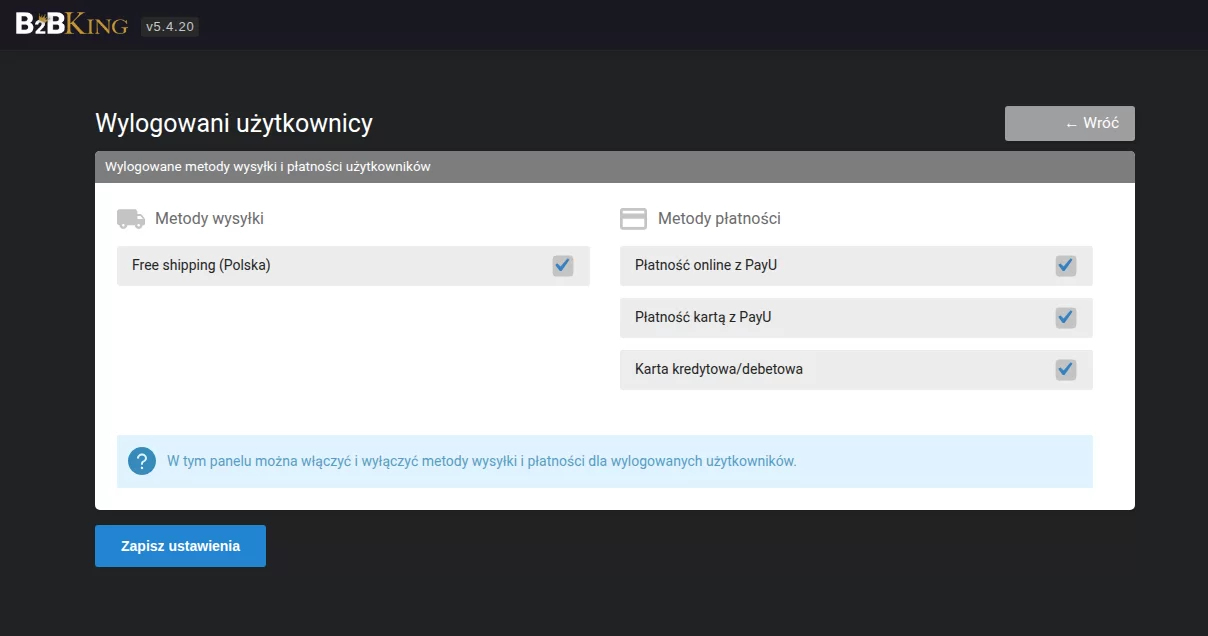 Ustawienia metod wysyłki i płatności - użytkownicy wylogowani
