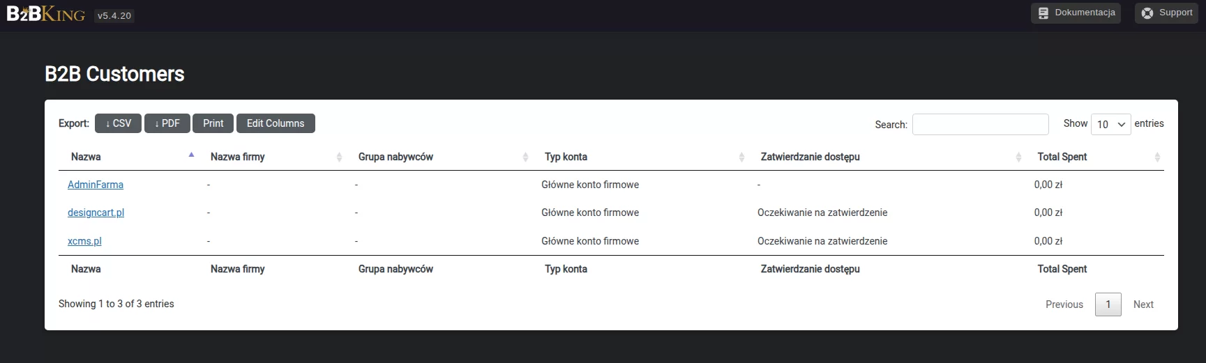 Widok sekcji Klienci w B2B King