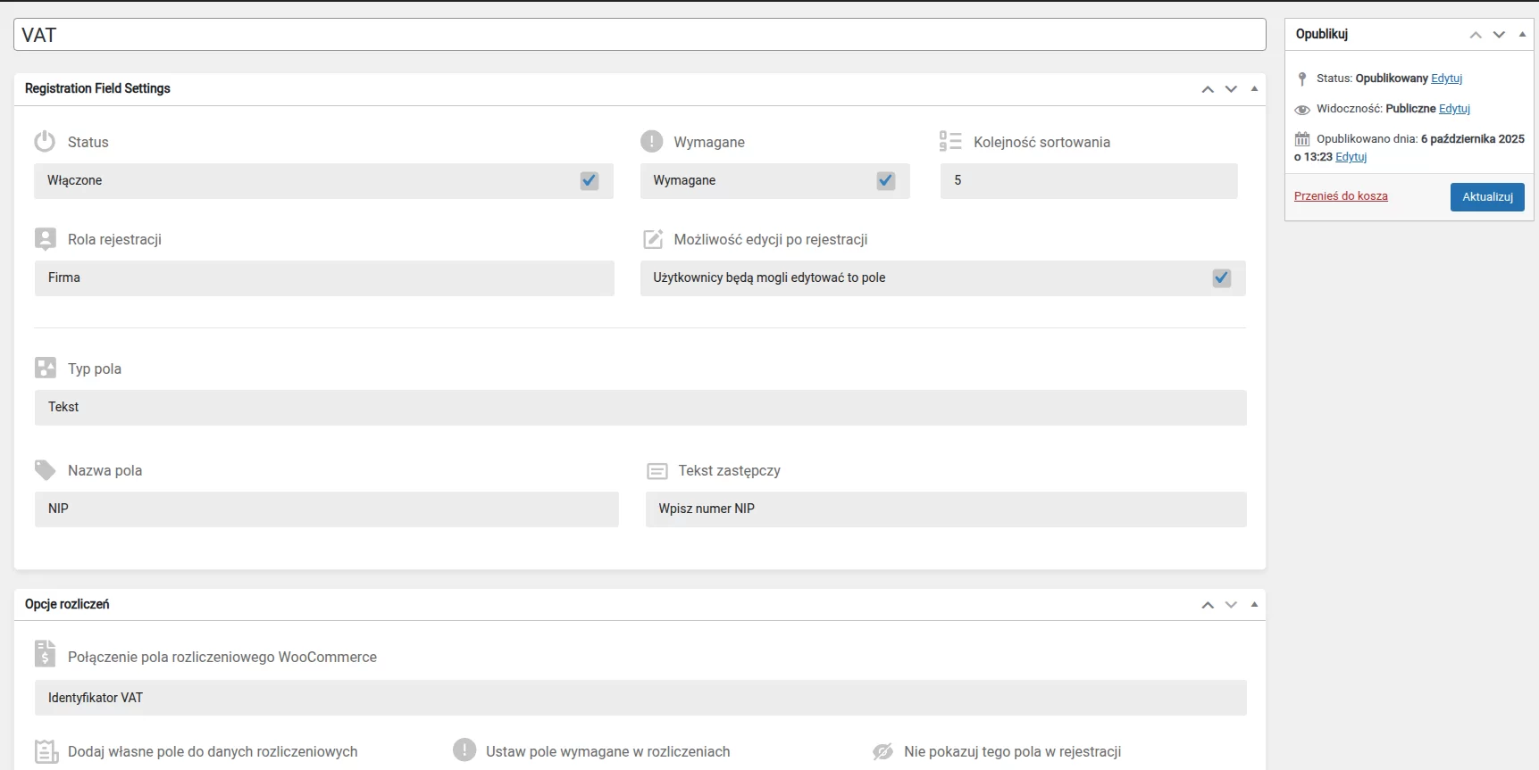 Formularz dodawania / edycji pola rejestracji