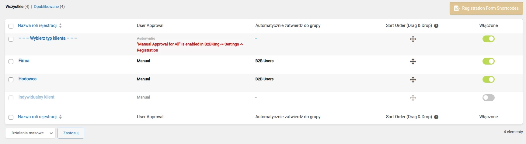 Lista ról rejestracji