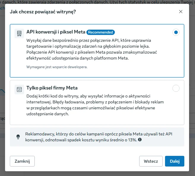 Screen: Wybierz Pixel + API konwersji (CAPI)