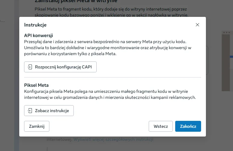 Screen: Zakończ etap konfiguracji w Meta