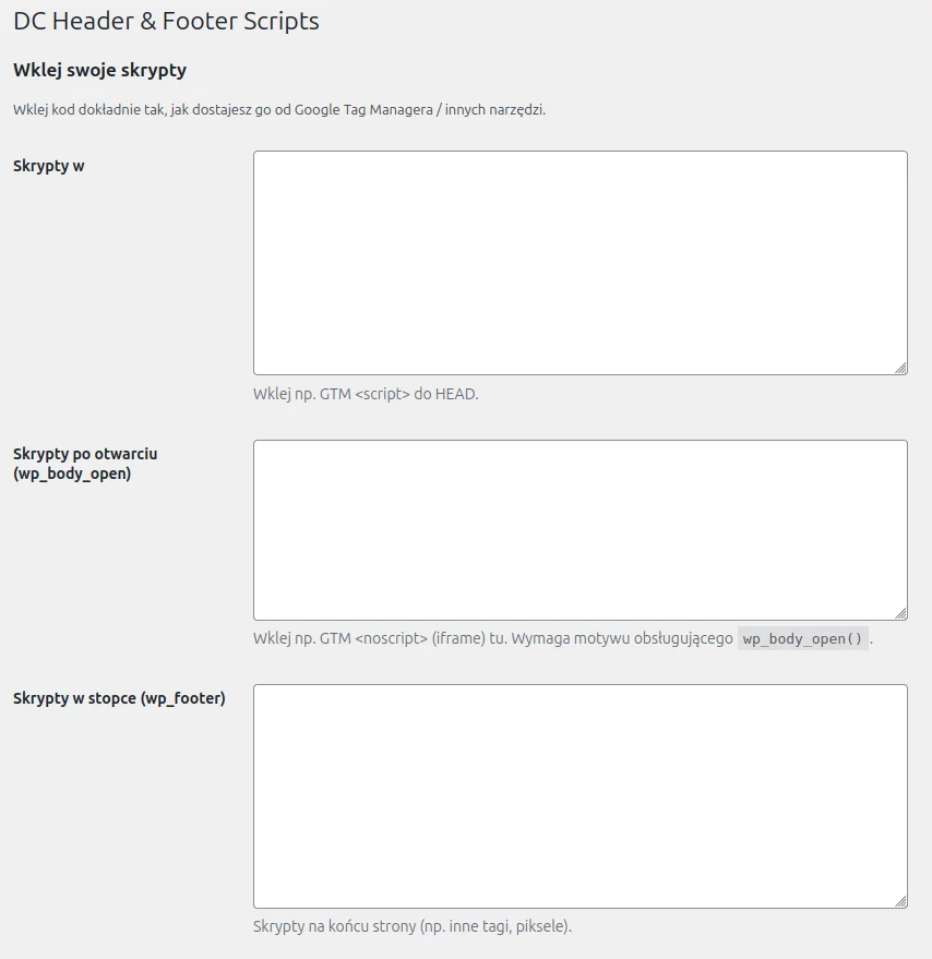Screen: formularz ustawień wtyczki