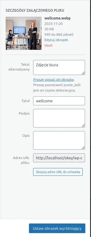 Screen: Ustawienia obrazu w WordPress