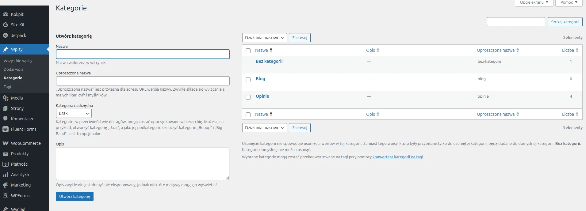 Screen: Panel tworzenia kategorii WordPress