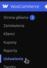 Lewe menu WooCommerce z kursorem na pozycji Ustawienia