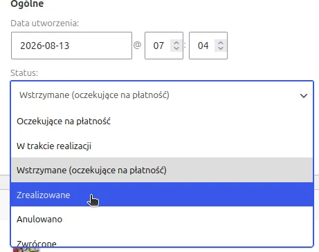 Rozwinięta lista statusu zamówienia z kursorem na pozycji Zrealizowane