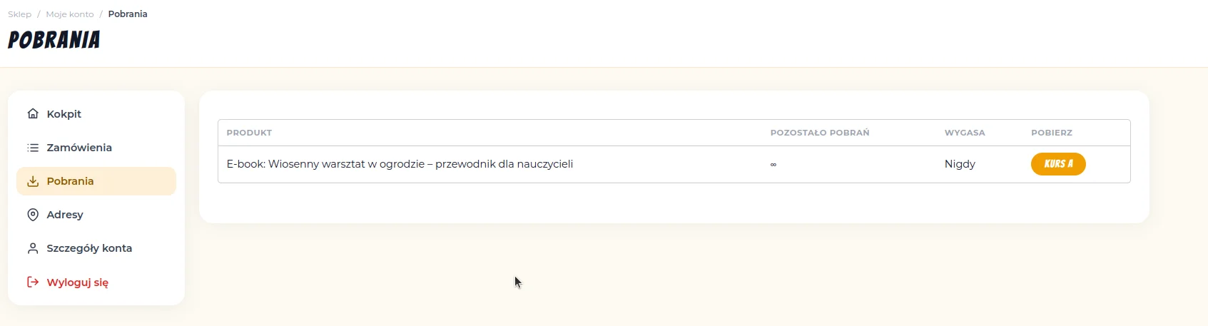 Strona Moje konto Pobrania z tabelą produktu e-book i przyciskiem KURS A
