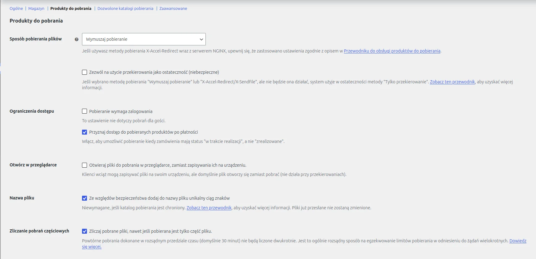 Pełna strona ustawień produktów do pobrania w WooCommerce z wszystkimi opcjami