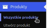 Lewe menu WordPressa z kursorem na Wszystkie produkty