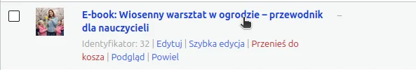 Wiersz produktu e-book na liście z kursorem na tytule i linkiem Edytuj