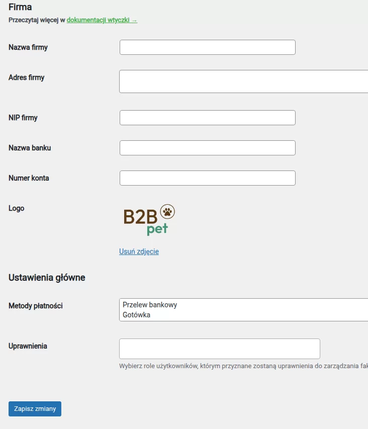 Ustawienia - formularz edycji danych sprzedawcy