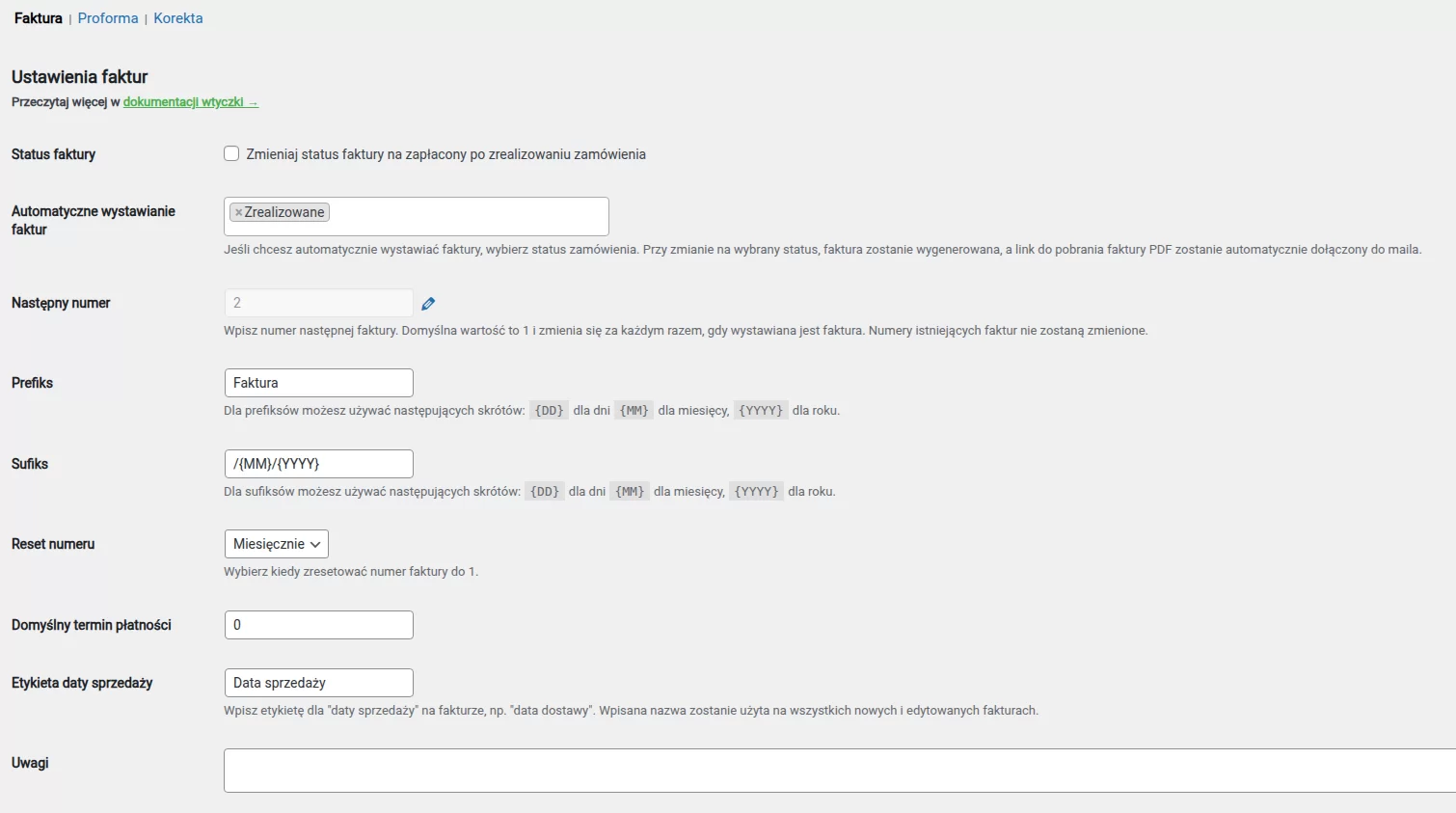 Ustawienia - sekcja "Dokumenty"