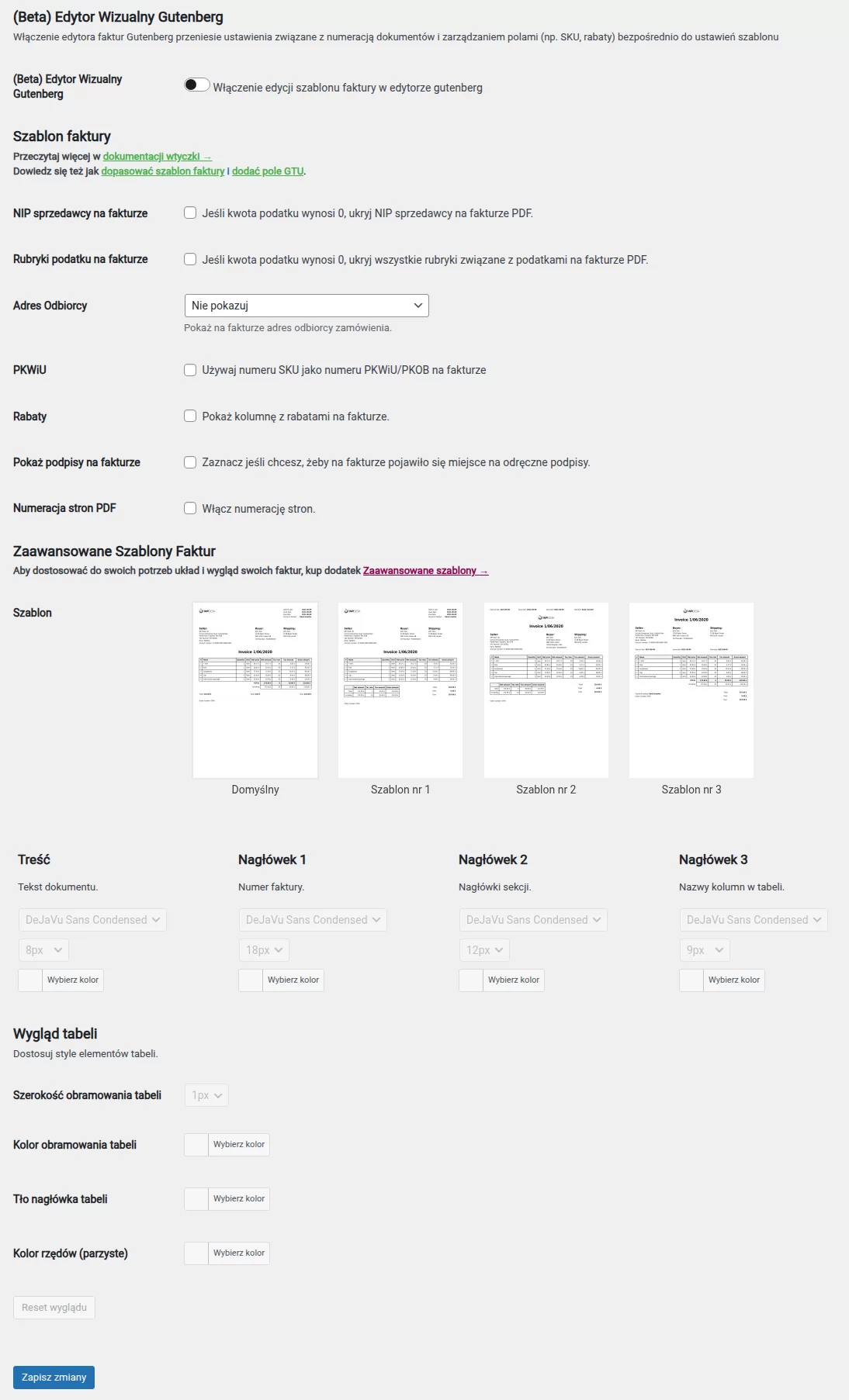 Ustawienia - szablon faktur