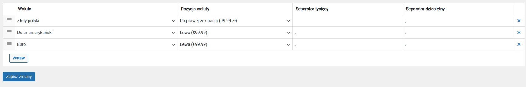 Ustawienia - zakładka "Waluty"