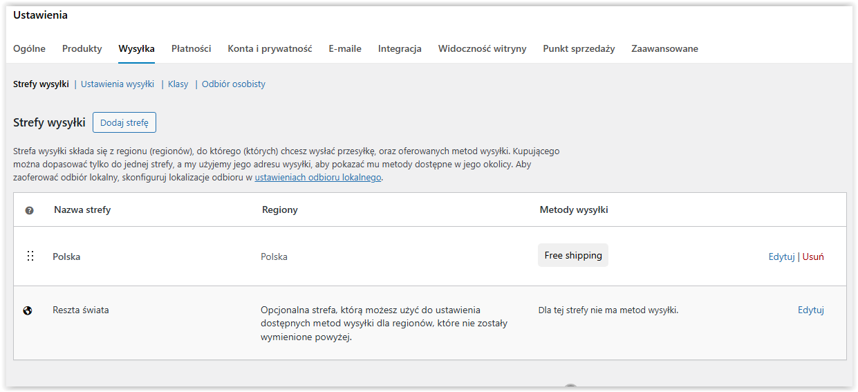 Lista metod wysyłki