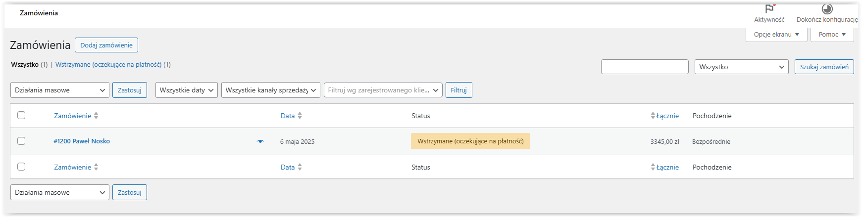 Lista zamówień w Woocommerce