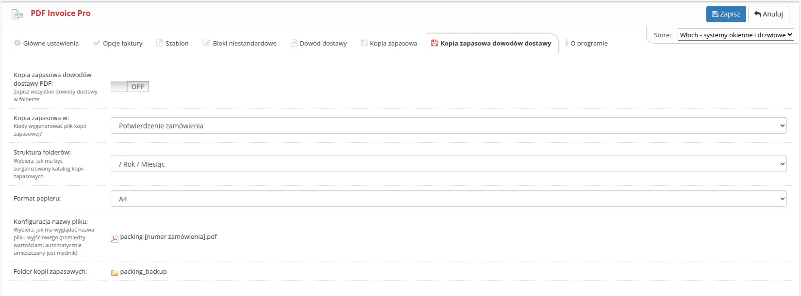Ustawienia kopii zapasowej dokumentów dostawy
