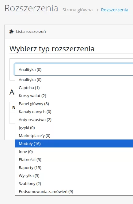 Wybór typu rozszerzeń w Opencart
