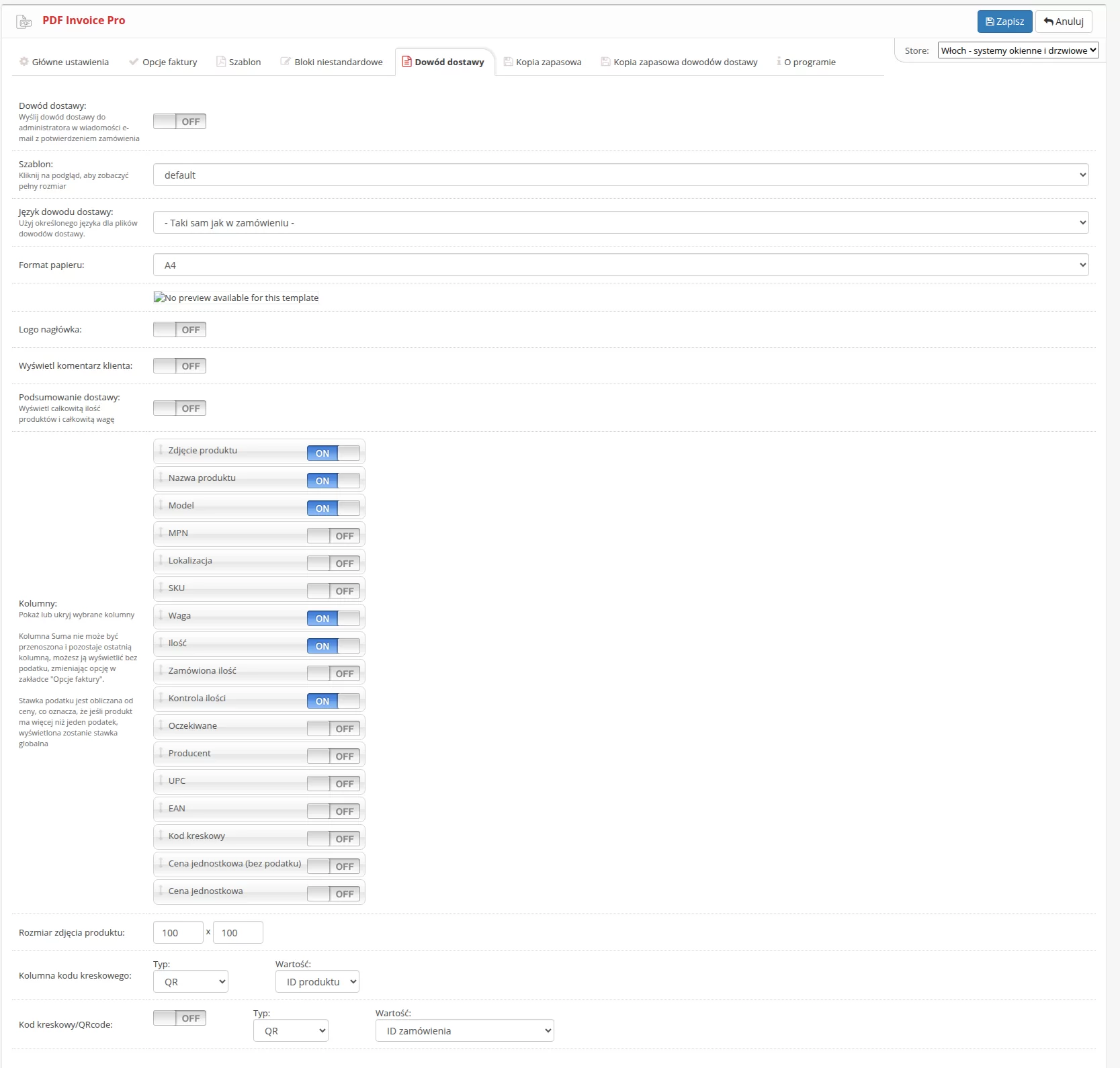 Ustawienia dowodu dostawy