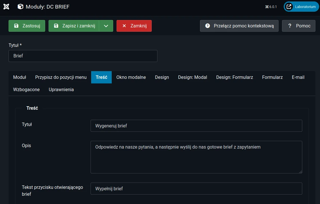 Screen: konfoguracja zakładki "Treści"