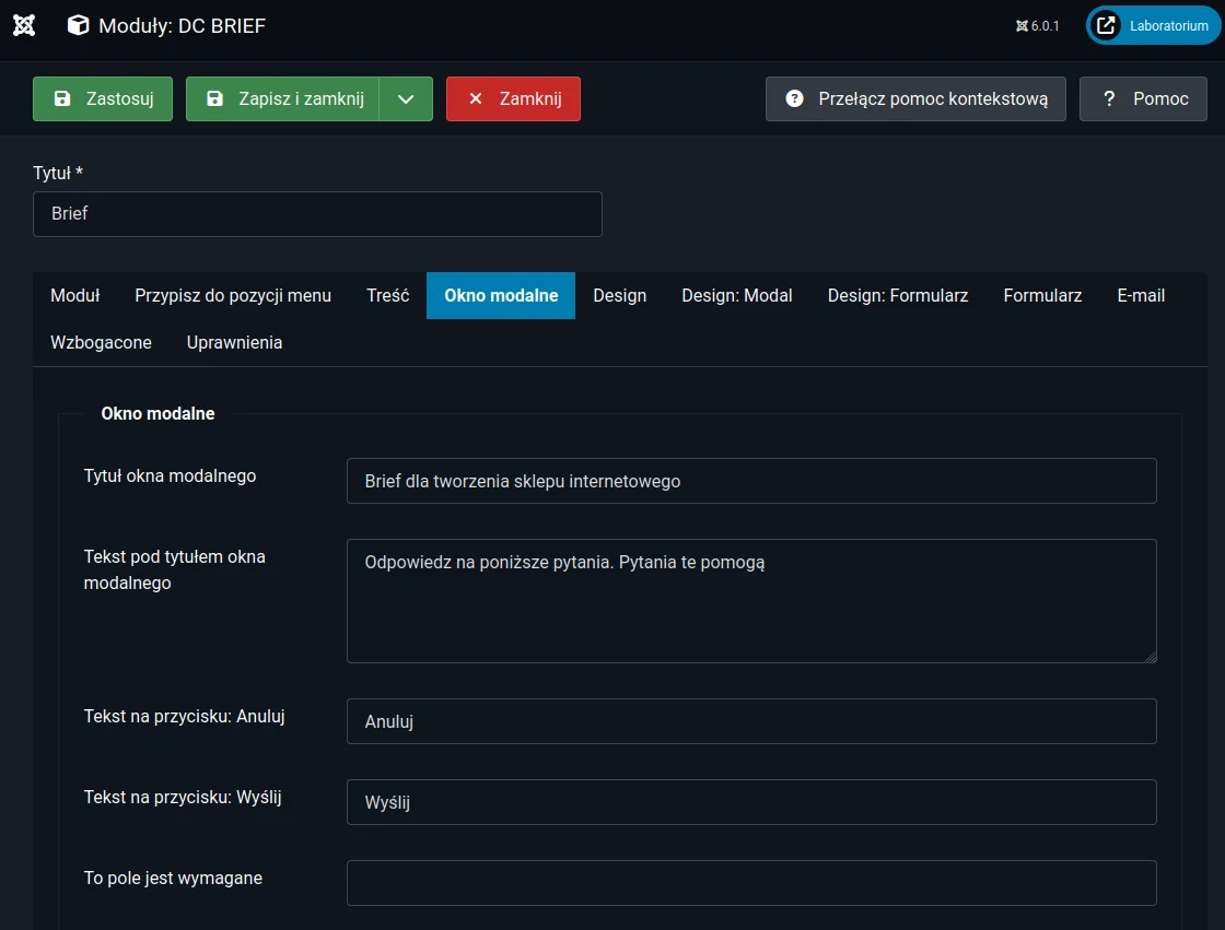 Screen: konfiguracja zakładki "Okno modalne"