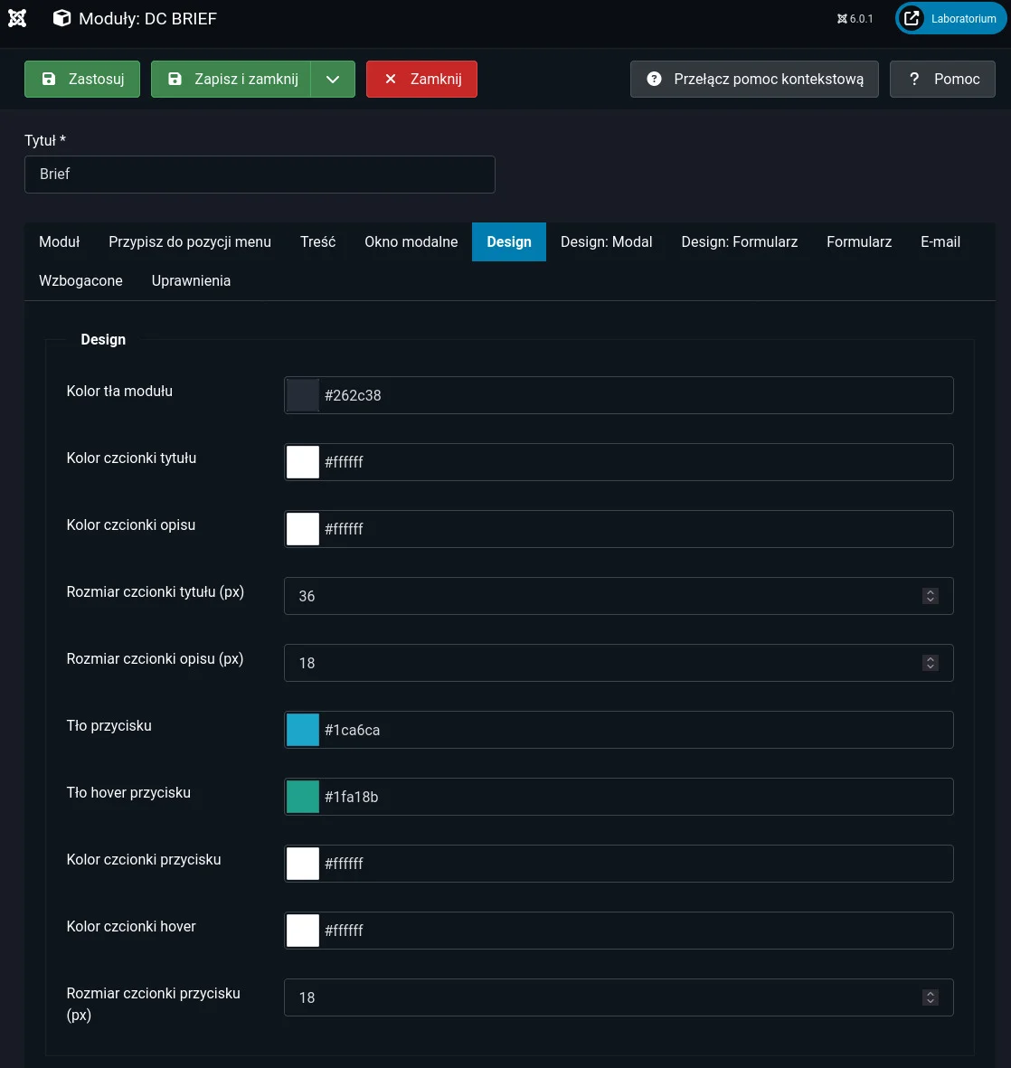 Screen: konfiguracja zakładki "Design"